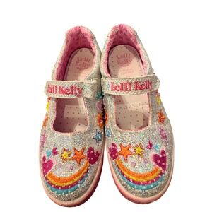 Lelli Kelly Kids Silver Glitter Rainbow Beaded Mary Jane Shoes Size 30 EU